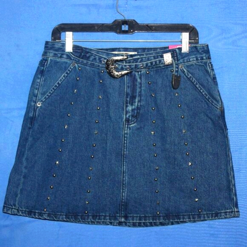 Rock & Roll Denim Studded High Rise Mini Skirt Blue NWT